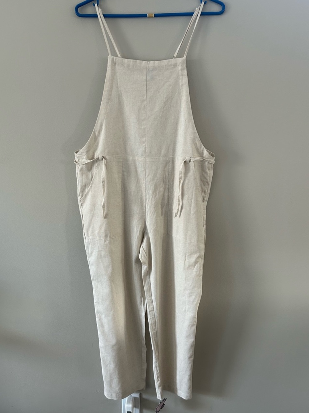 NWT &Merci Minimalist Beige Linen Square Neck Utility Tie Front Overall Jumpsuit - Picture 4 of 6
